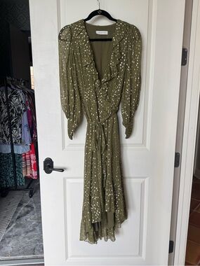Zimmerman Olive Green metallic polka dot wrap dress, sz 0